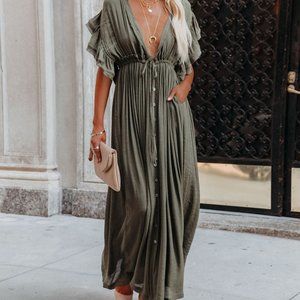ANIKA POCKETED BUTTON DOWN RUFFLE MAXI DRESS - OLIVE